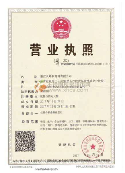 浙江長峰新材料有限公司營業(yè)執(zhí)照