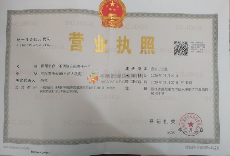 溫州市合一不銹鋼有限責任公司營業執照